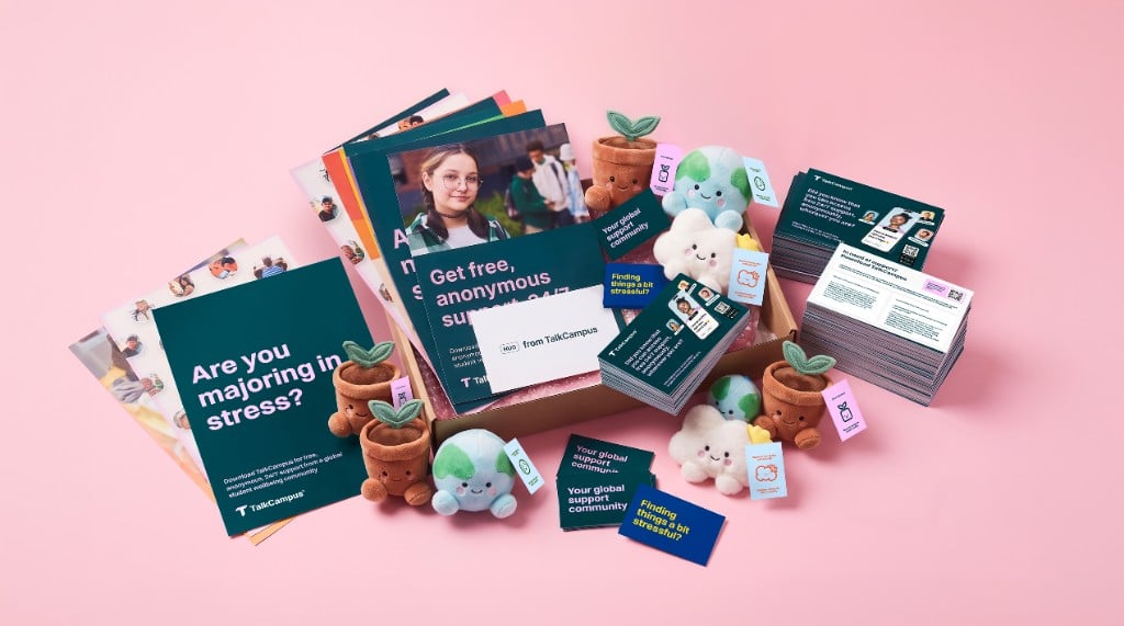 TalkCampus campaign materials, printed resources and wellbeing characters